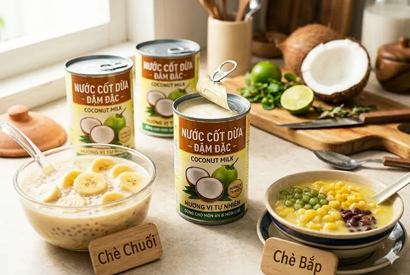 Chè chuối và chè bắp dùng nước cốt dừa đóng hộp
