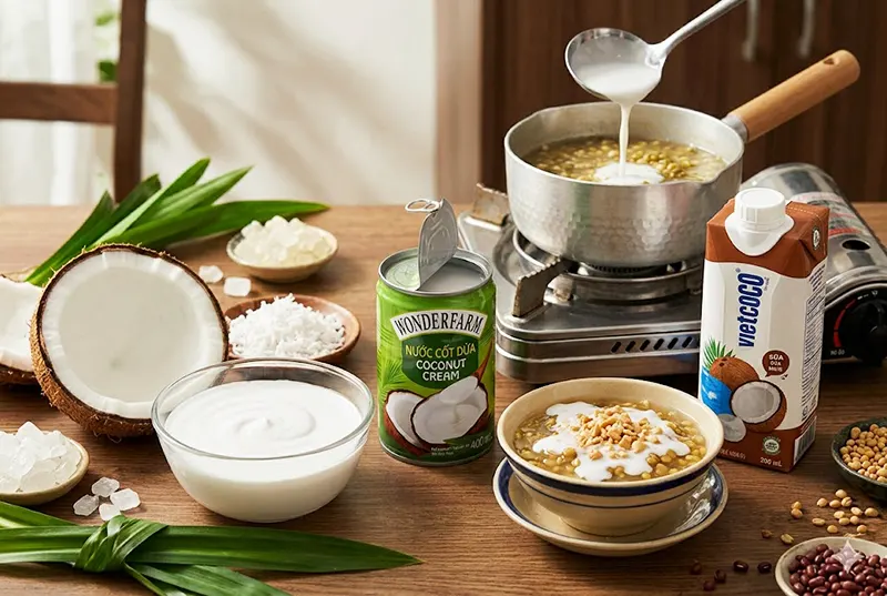 Nước cốt dừa nguyên chất và đóng hộp dùng nấu chè