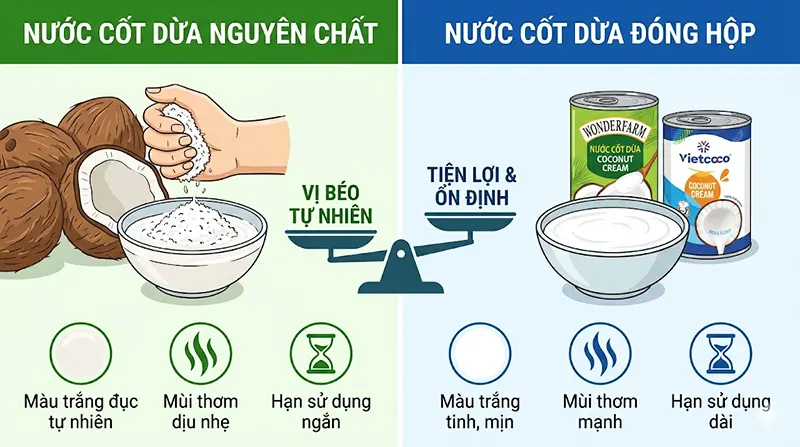 Chè nấu với nước cốt dừa nguyên chất hoặc đóng hộp