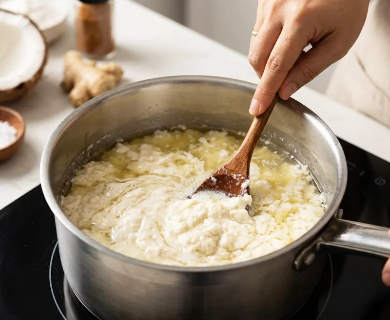 Khuấy đều nước cốt dừa bị tách lớp trước khi nấu